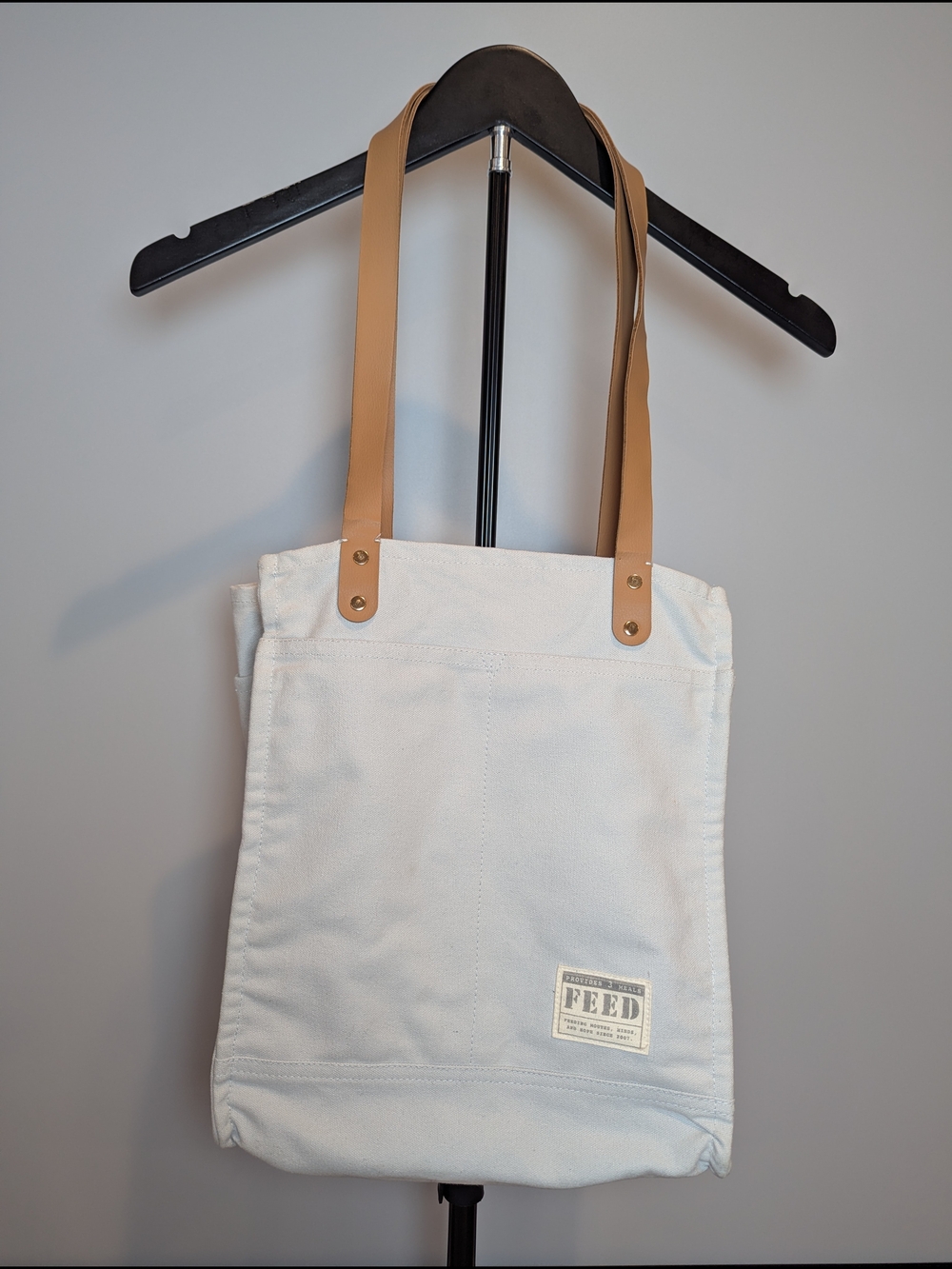 FEED Canvas Tote Bag with Tan Leather Straps - White